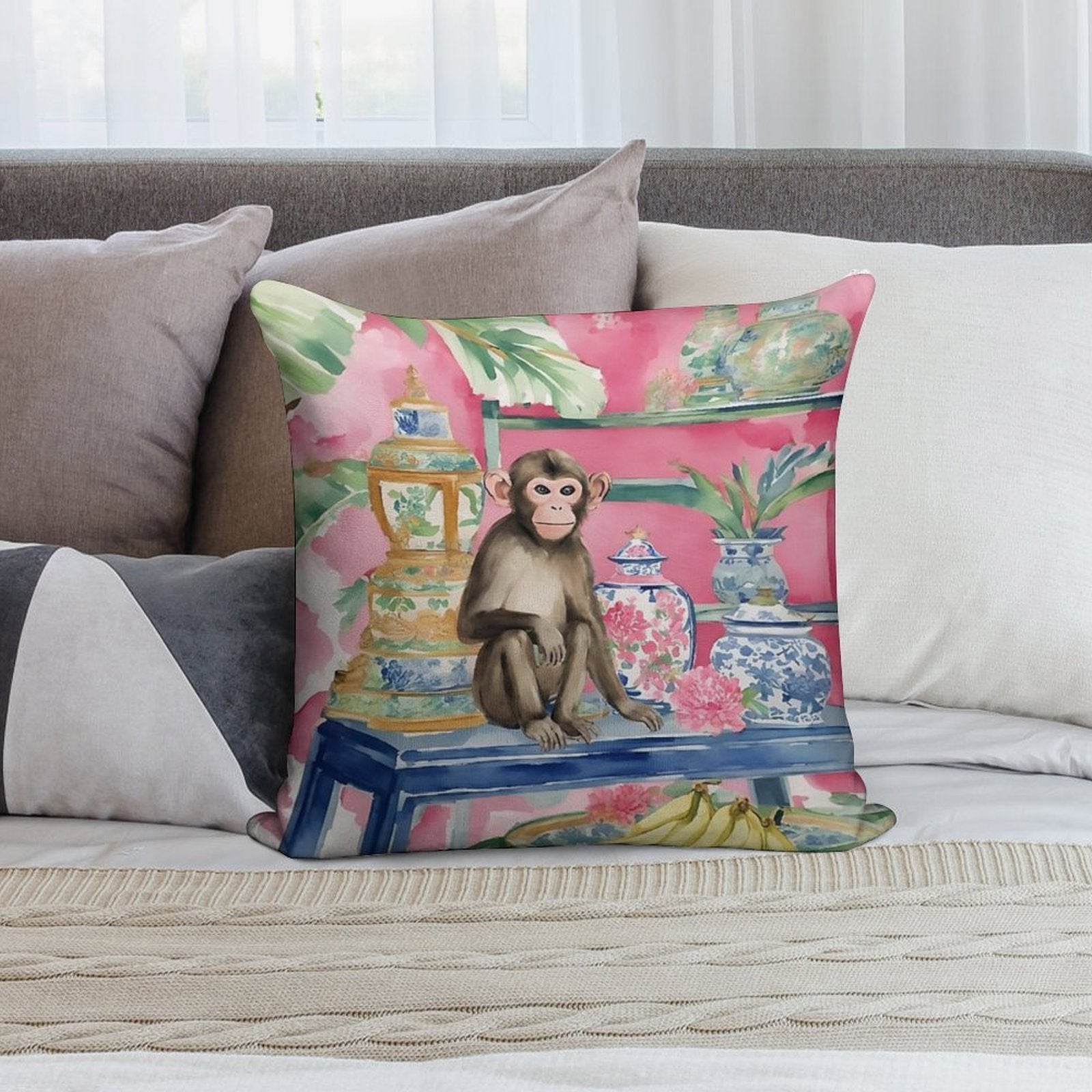 Monkey in Chinoiserie Interior with Bananas Soft Bedroom Essential Throw Pillow