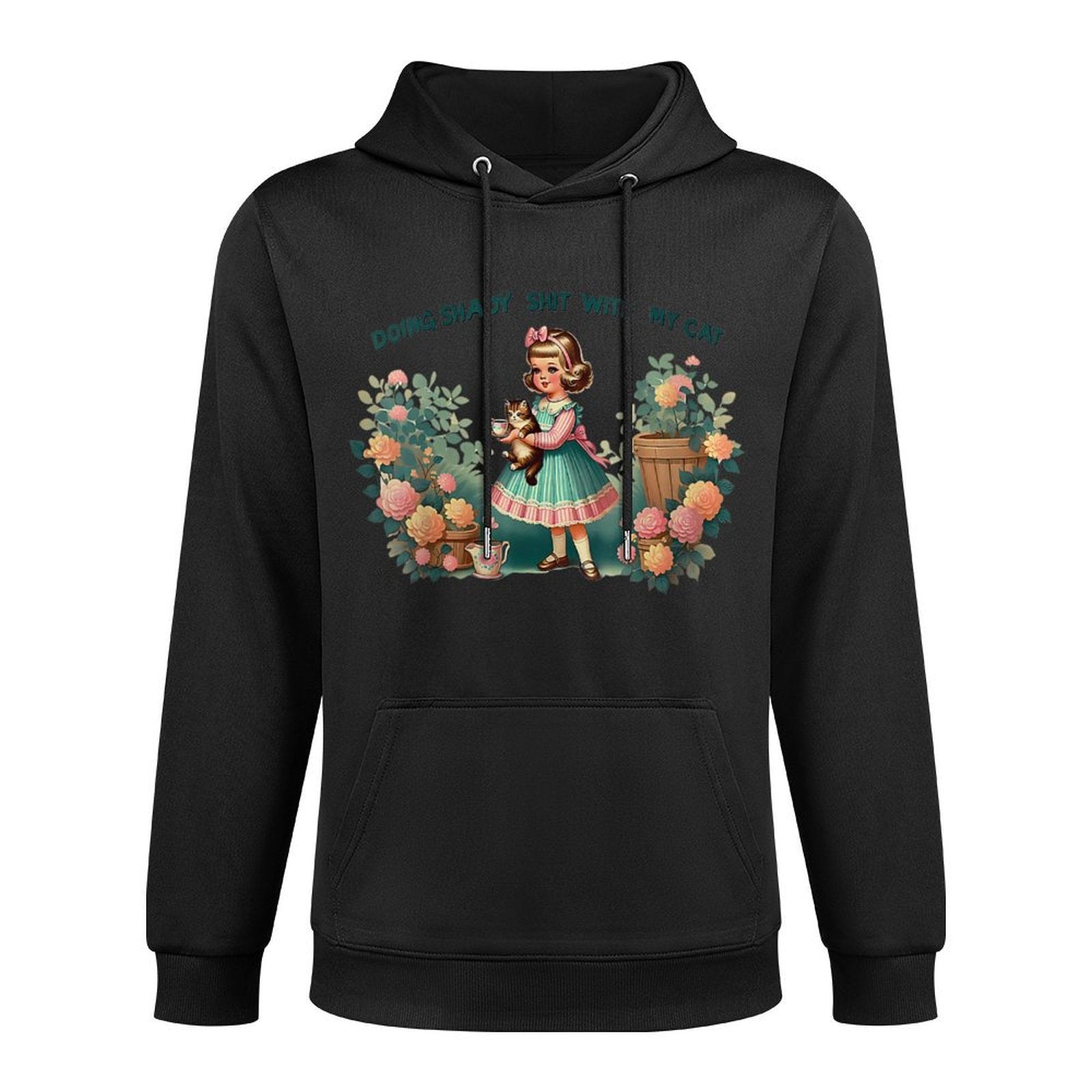 Womens Doing Shady Shit With My Cat Vintage Little Girl Cat Flowers Colorfast Hoodie