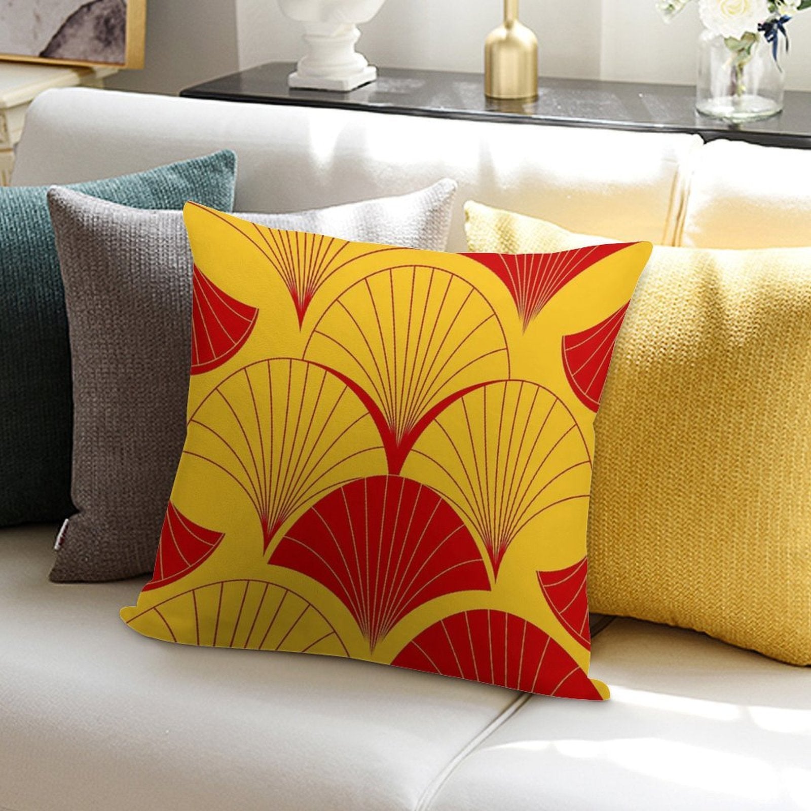 Asian Art Deco Red And Yellow Fan Pattern Soft Warmth Comfort Throw Pillow