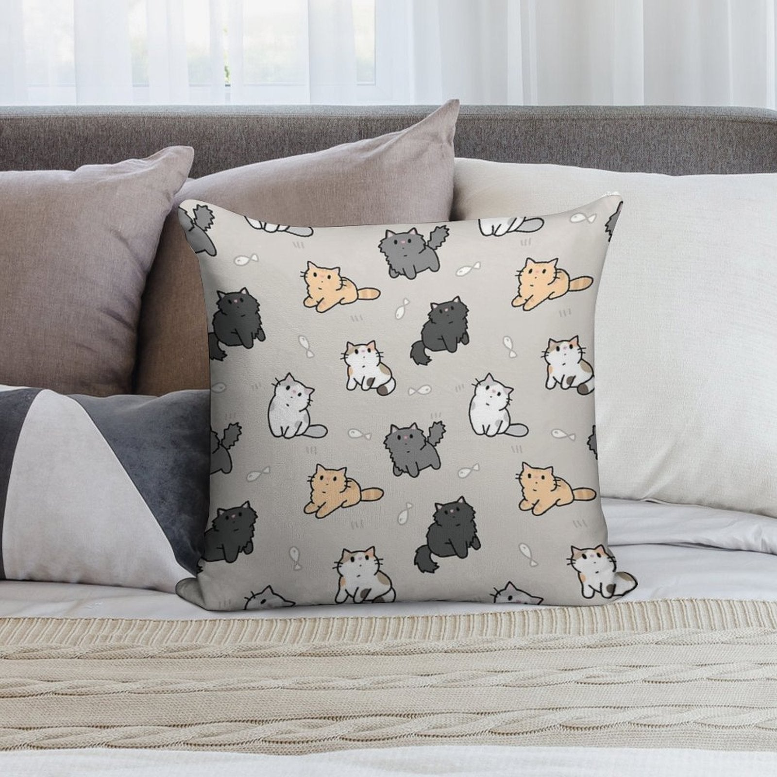 Kittens And Fish Pattern Soft High-Density Material Throw Pillow
