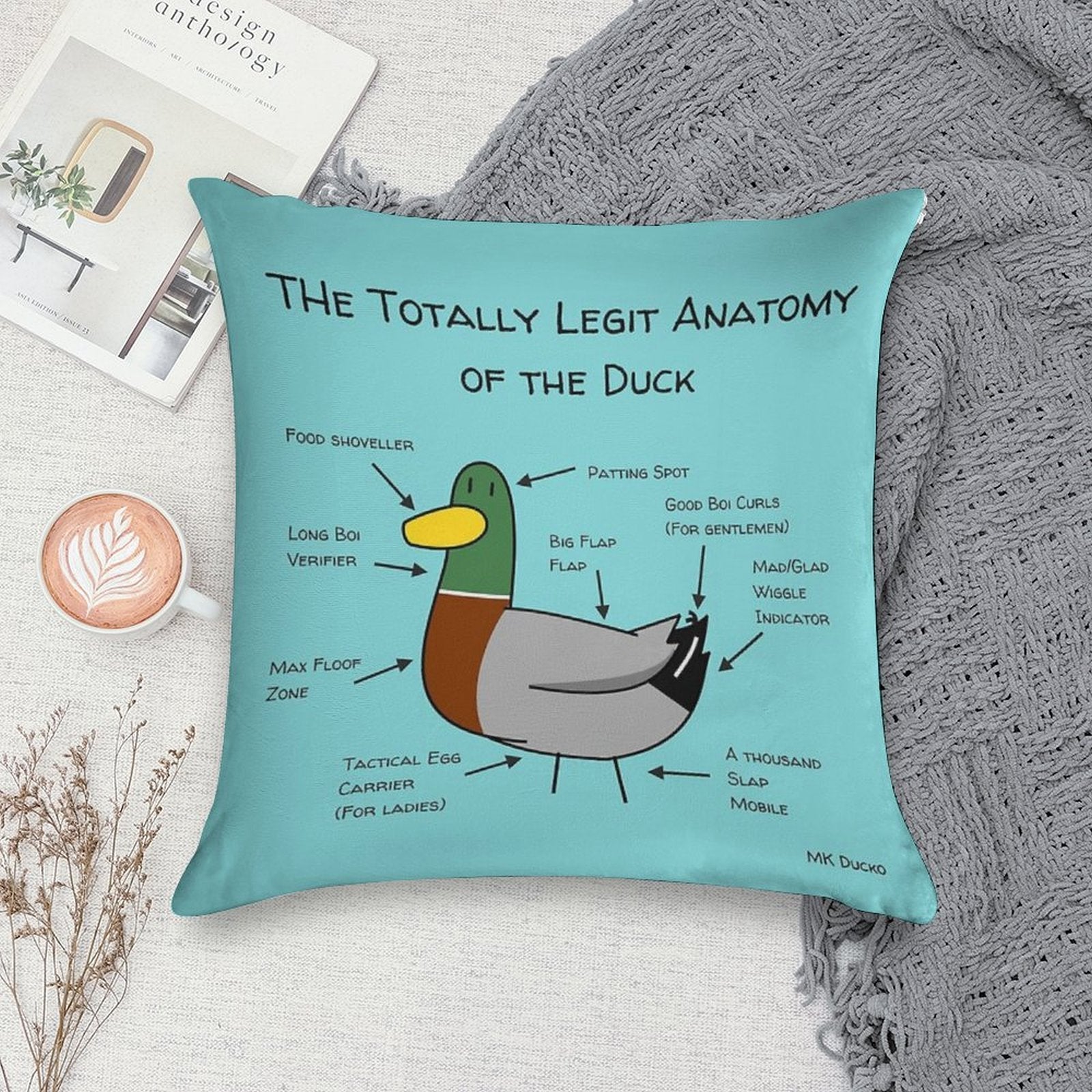 Ducko Originals #OG08 Totally Legit Anatomy of The Duck Soft Home Decor Throw Pillow
