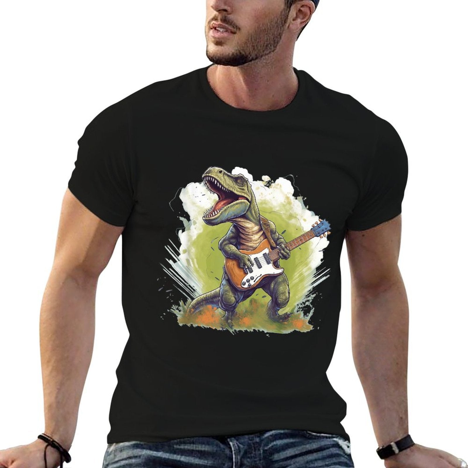 Funny T Rex Dinosaurs with Cool Electric Guitar  Moisture-wicking T-Shirt