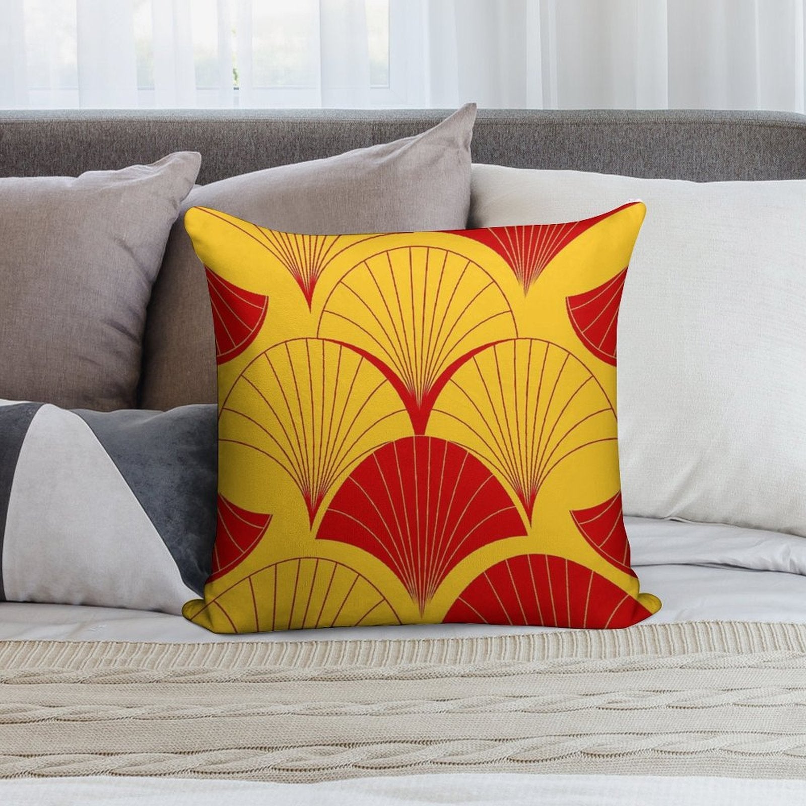 Asian Art Deco Red And Yellow Fan Pattern Soft Warmth Comfort Throw Pillow