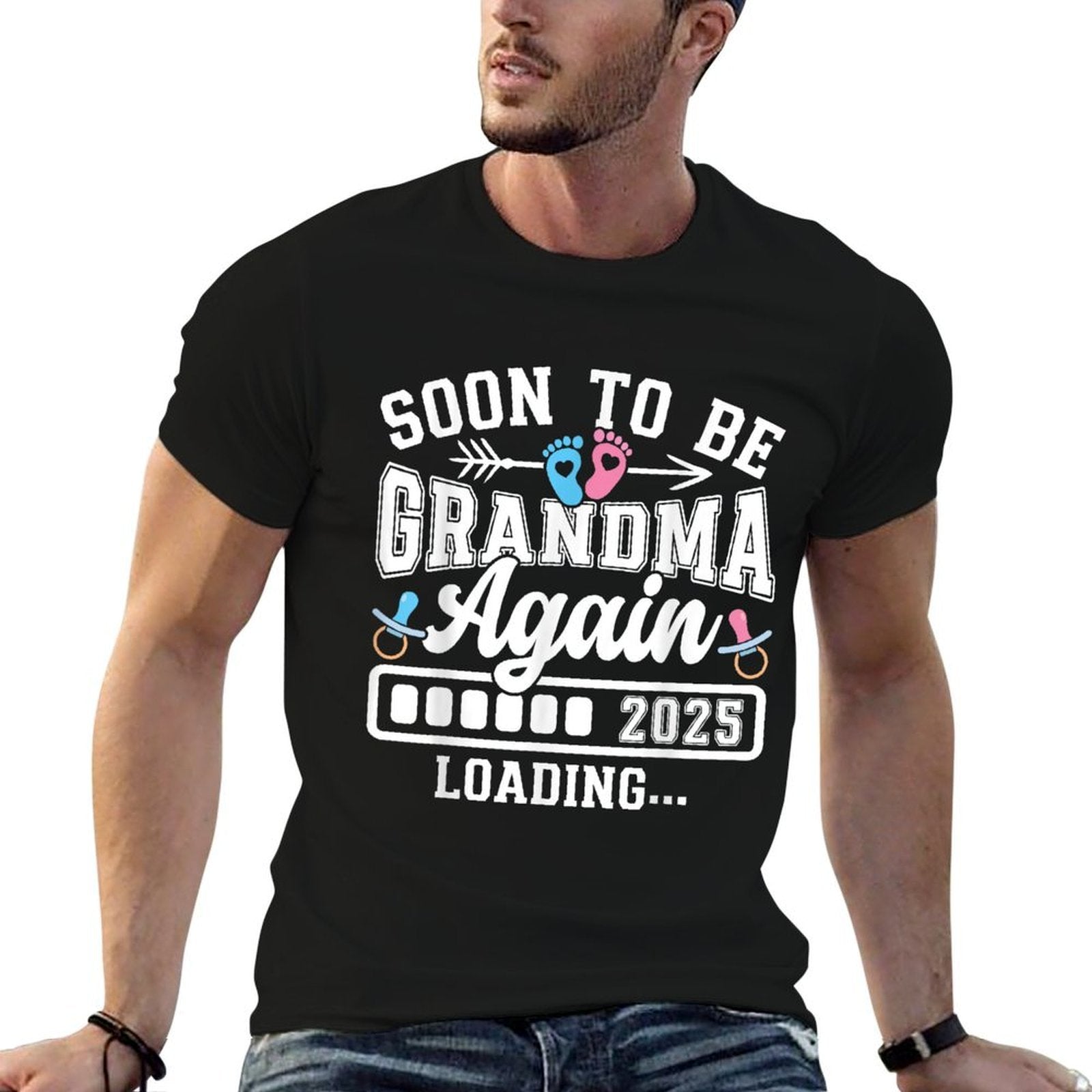 Soon to Be Grandma Again 2025 Loading Pregnancy Announcement  Ribbed Collar T-Shirt