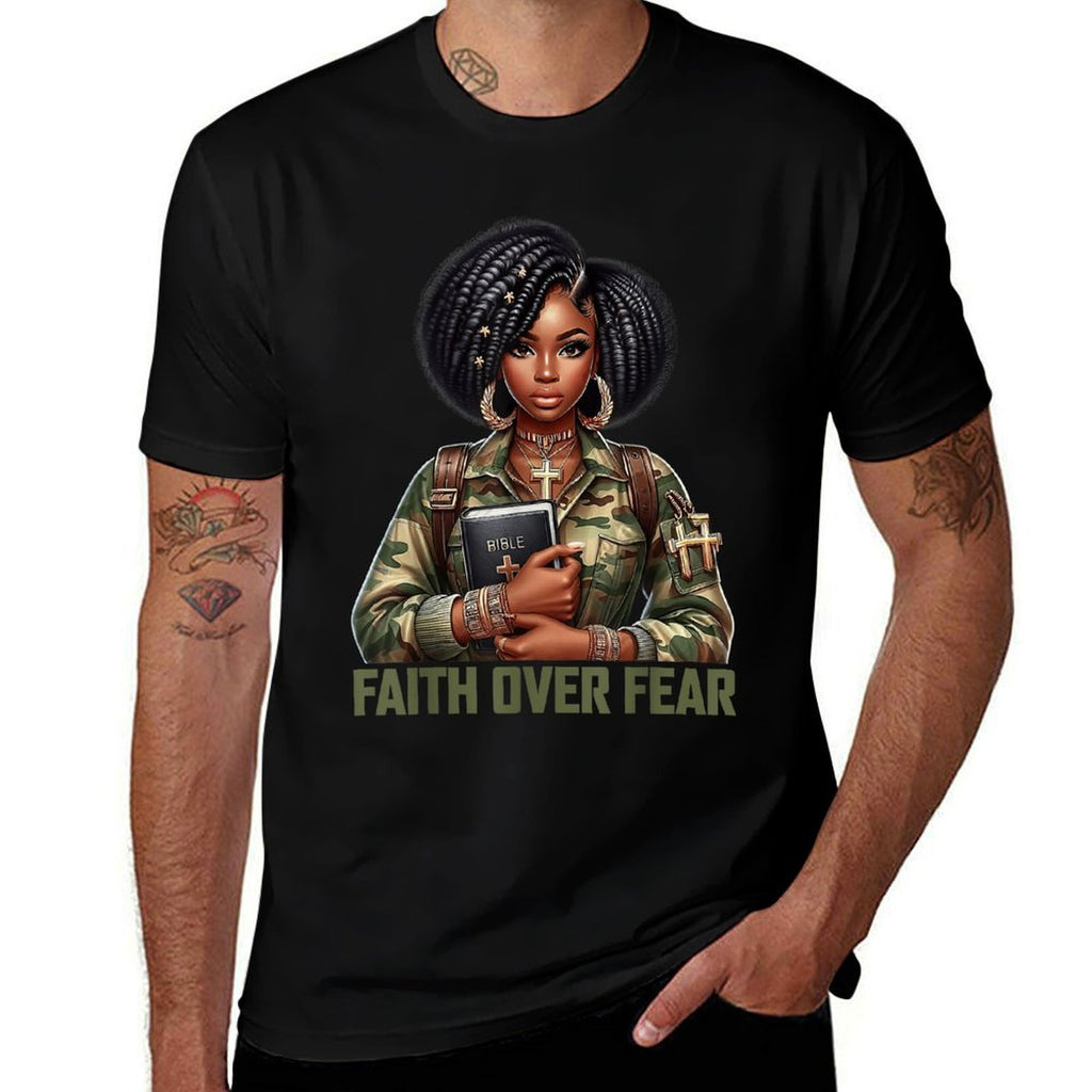 Faith Over Fear Christian Camo African American Afro Women  Eco-friendly Material T-Shirt