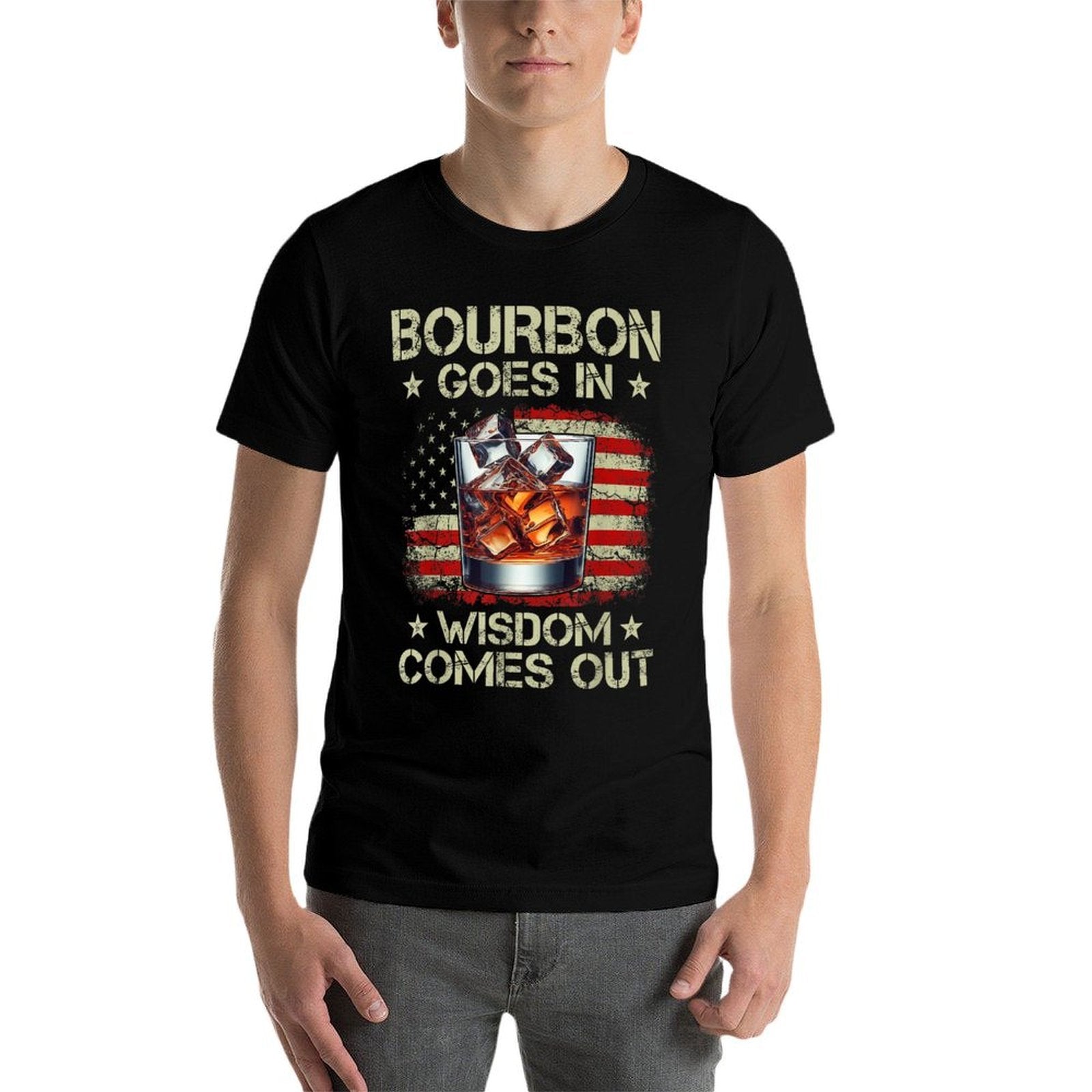 Bourbon Goes In Wisdom Comes Out Whiskey USA Vintage  Stretchy T-Shirt