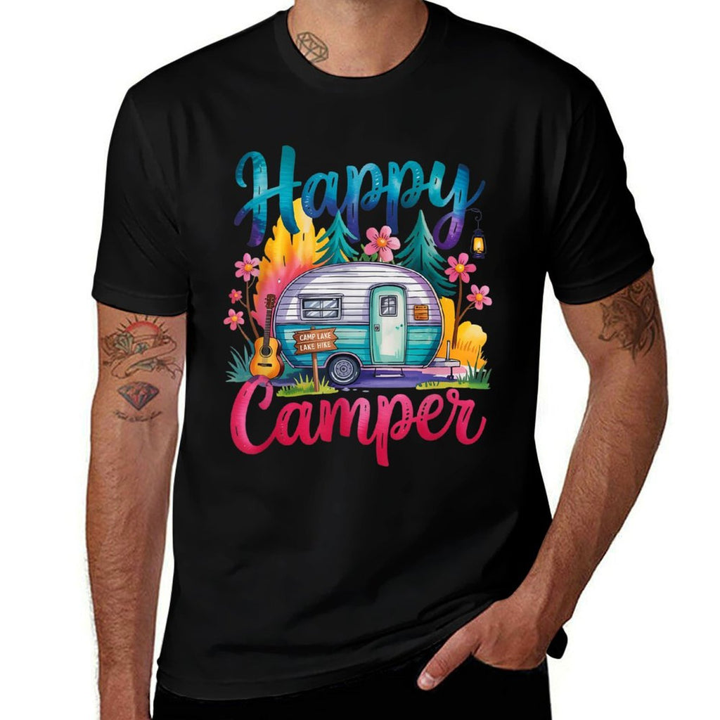 Funny Happy Camper Camping Apparel Trailer RV Kids Women  Summer-ready Fabric T-Shirt