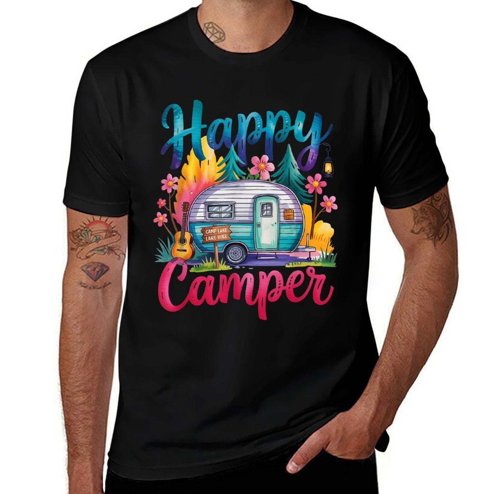 Funny Happy Camper Camping Apparel Trailer RV Kids Women  Summer-ready Fabric T-Shirt