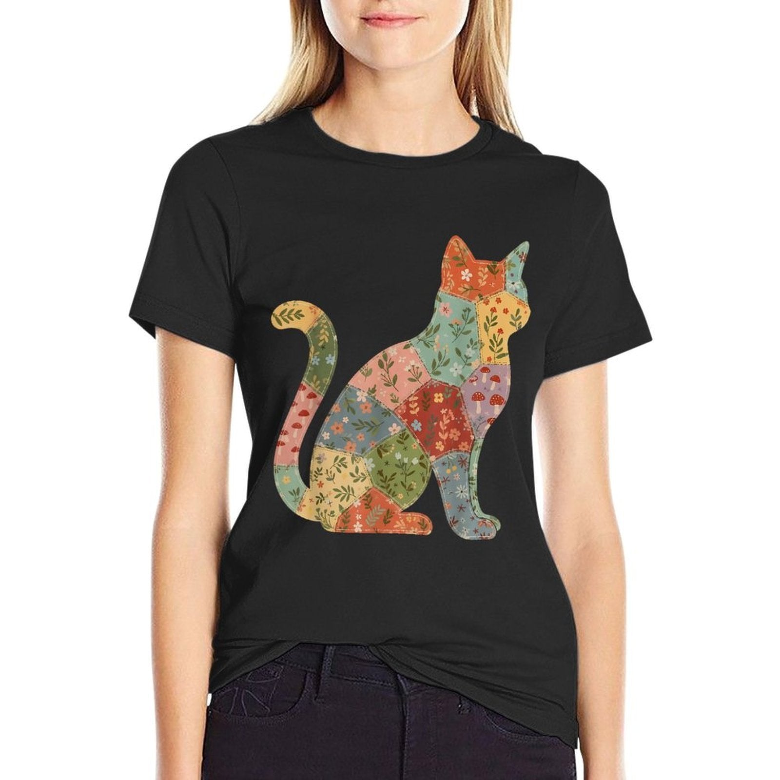 Vintage Cottagecore Boho Floral Patchwork Cat Quilt Art  Oversized Silhouette T-Shirt
