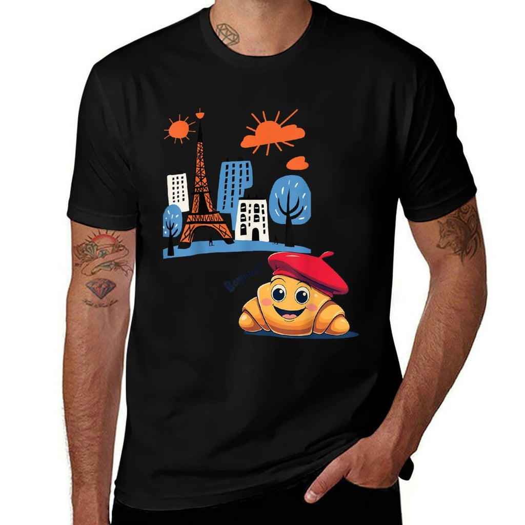 Kids Paris France Croissant with Beret Hello in French Tower  Durable T-Shirt