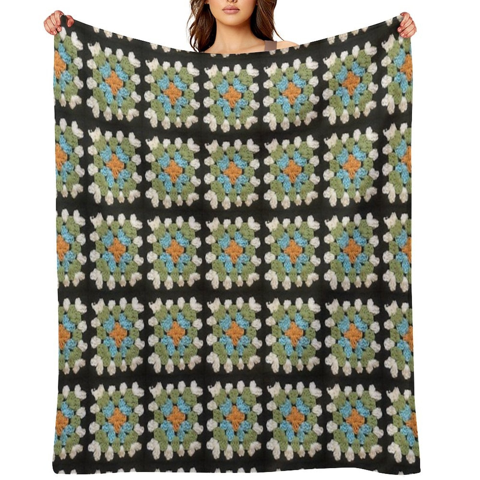 Orange, Blue And Green Granny Square Premium Throw Blanket