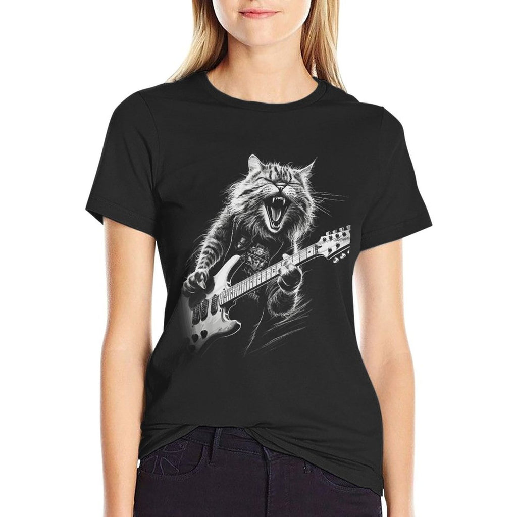 Rock Cat Playing Guitar Mens Woman Funny Guitar Cat  Slim-fit Cut T-Shirt