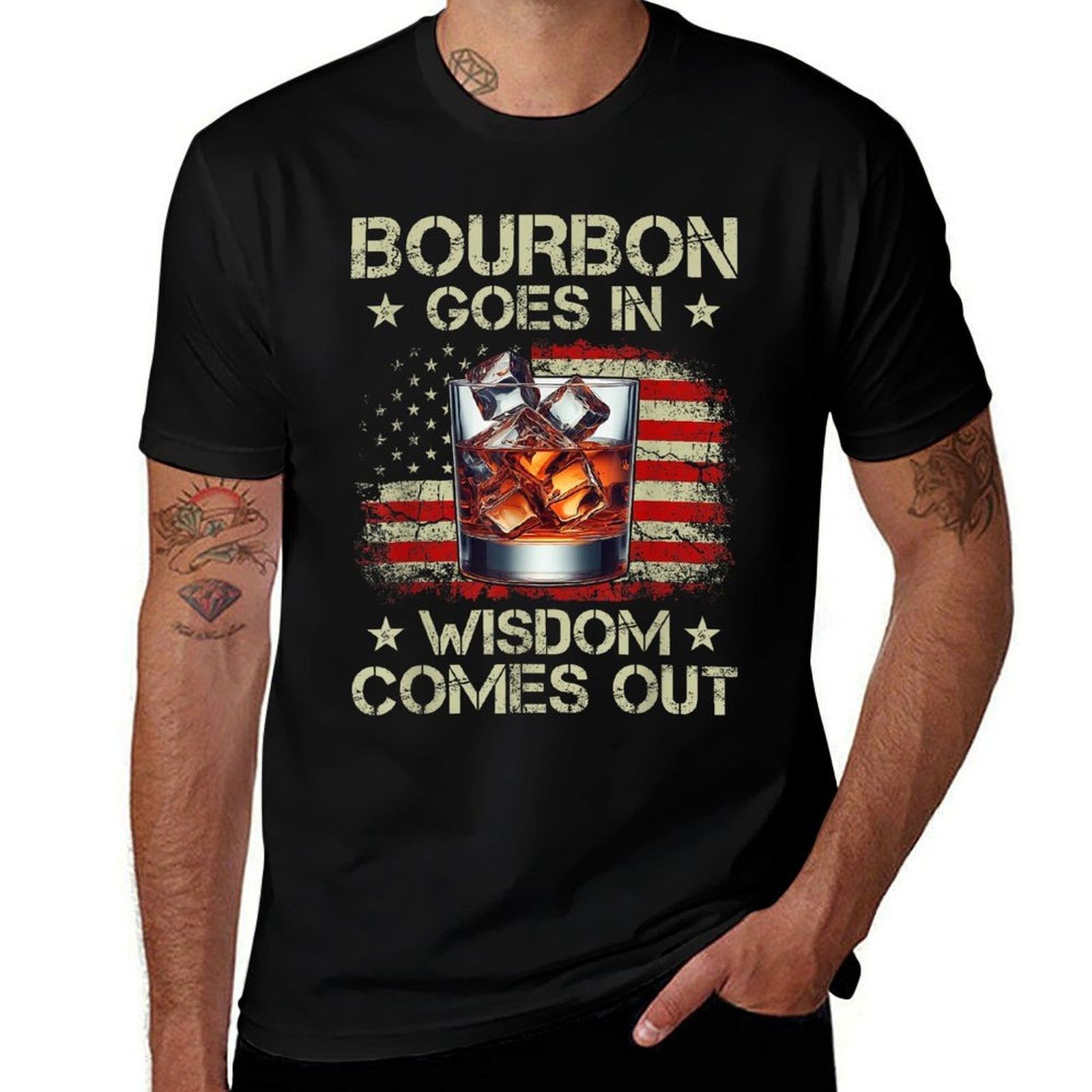 Bourbon Goes In Wisdom Comes Out Whiskey USA Vintage  Stretchy T-Shirt