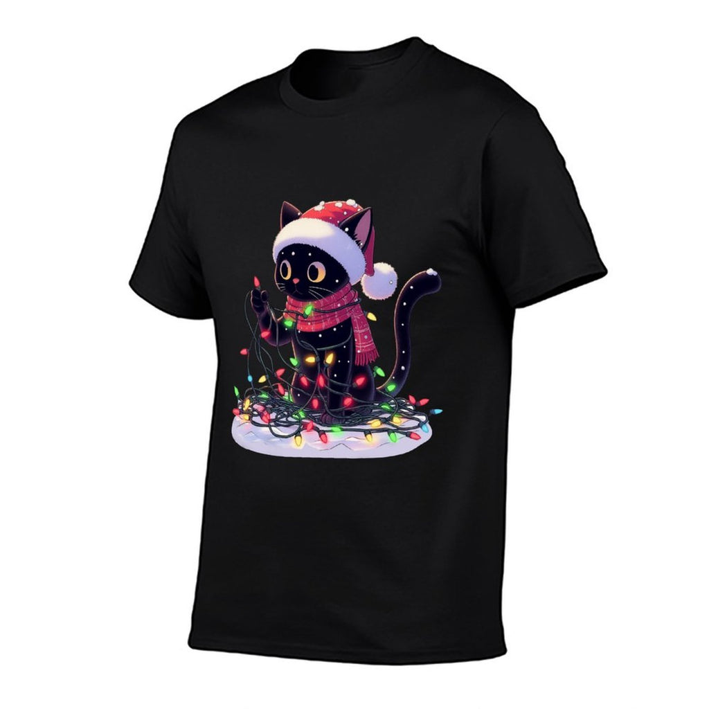 Black Cat Santa Tangled Up In Christmas Tree Lights Holiday  Affordable Price T-Shirt