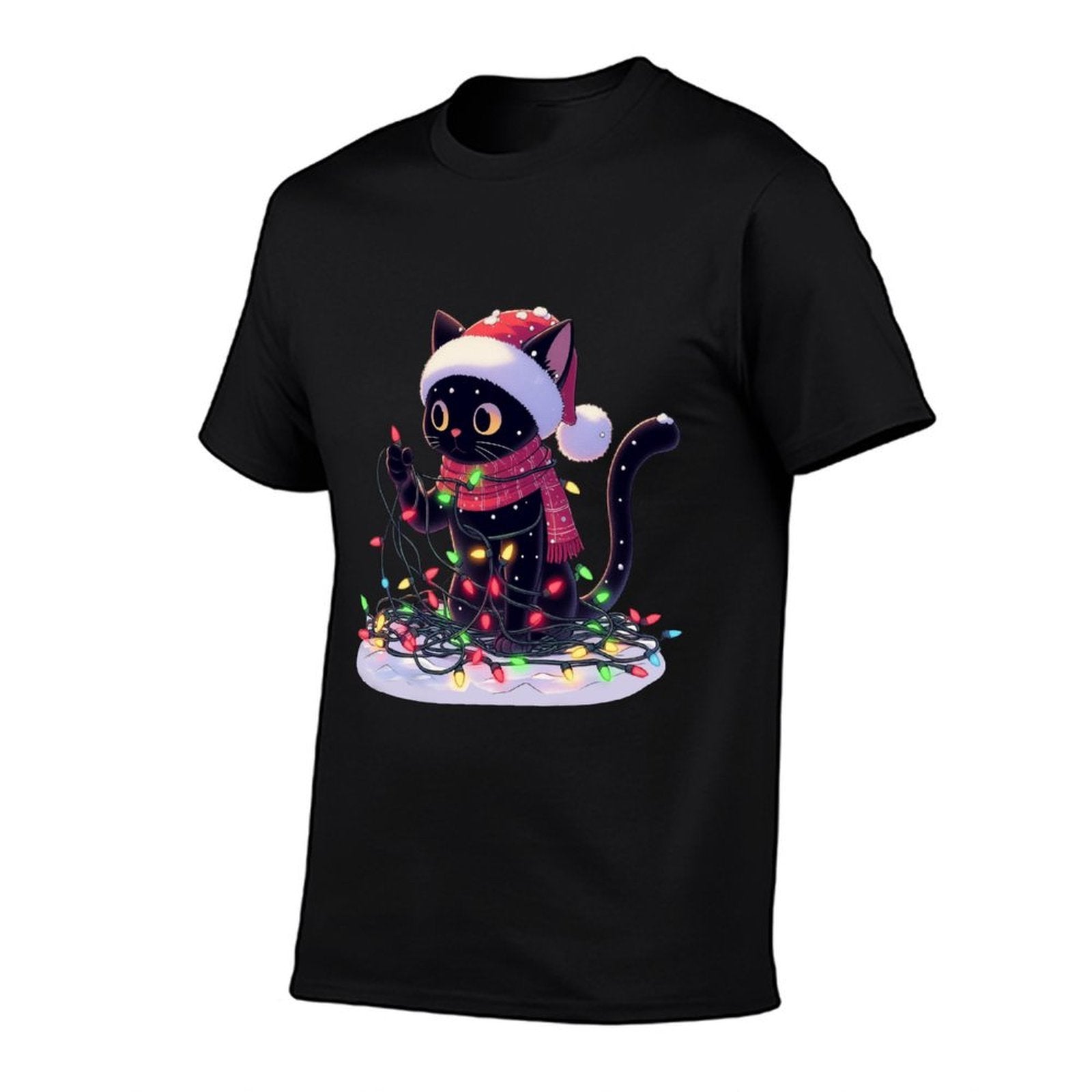 Black Cat Santa Tangled Up In Christmas Tree Lights Holiday  Affordable Price T-Shirt