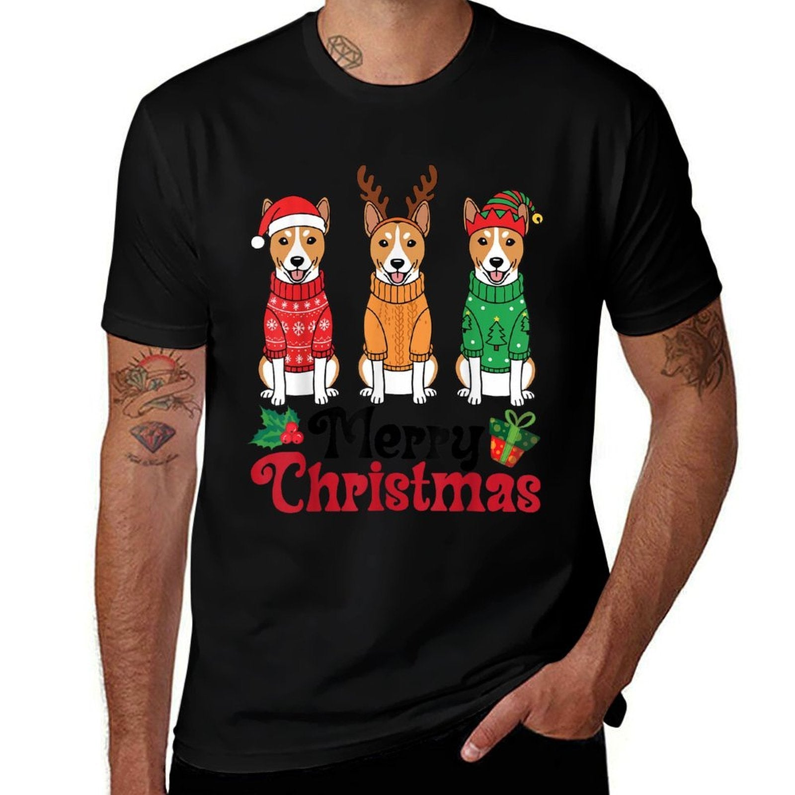Basenji Dogs in Sweaters Santa Reindeer Elf Merry Christmas  Trendy Pattern T-Shirt