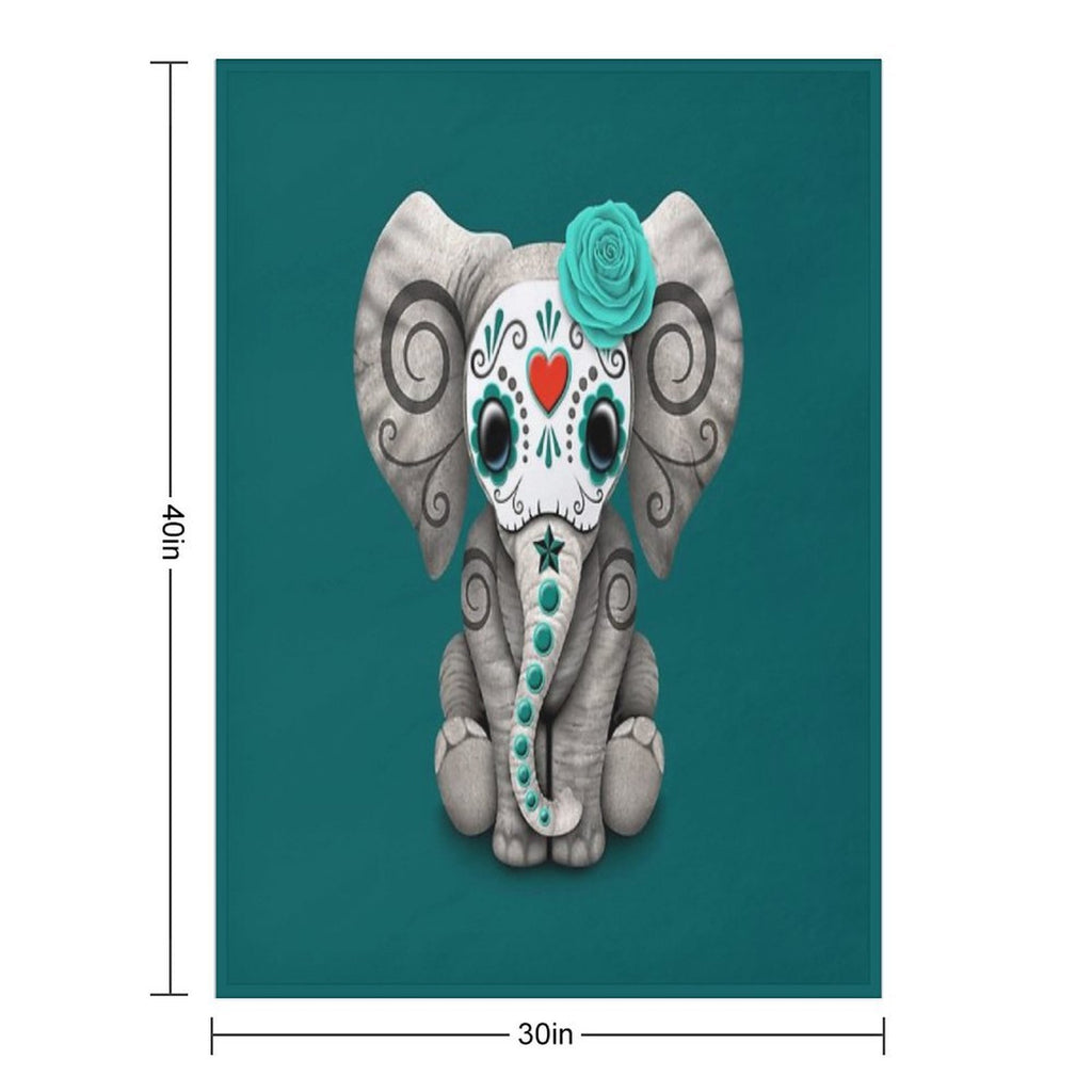 Teal Blue Day of The Dead Sugar Skull Baby Elephant Multi-functional Throw Blanket