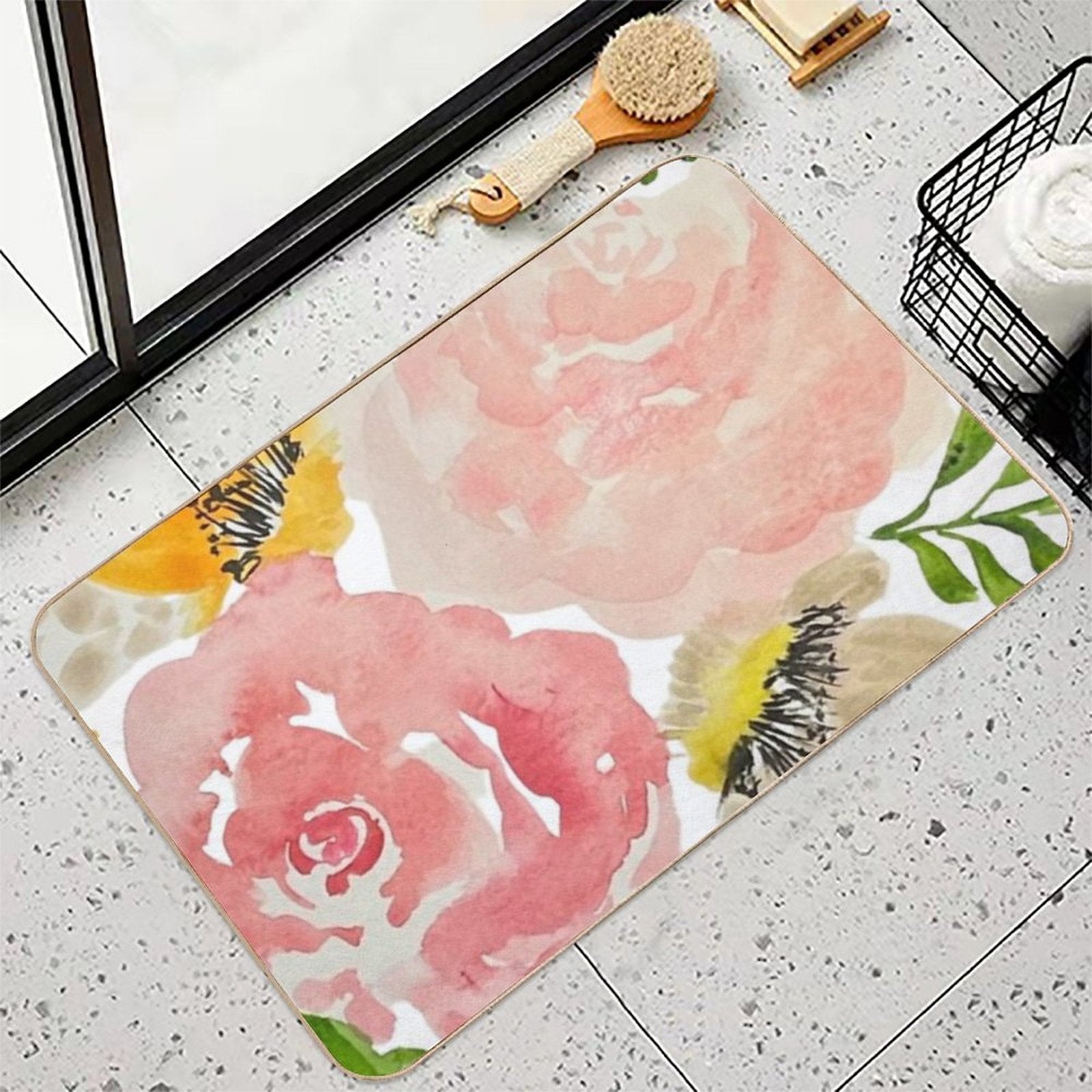 Spring Watercolor Flowers Bright Pinks And Yellows  Absorbent Bath Mat