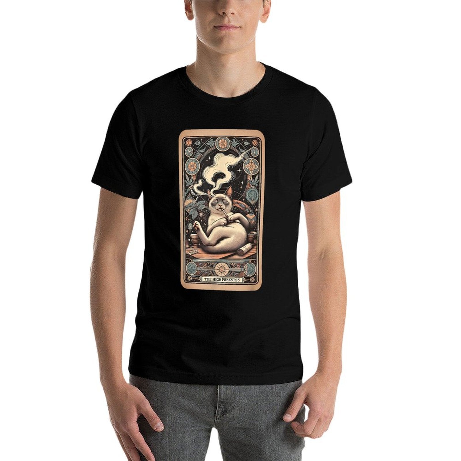 High Priestess Tarot Card Siamese Cat Smoking Weed Cannabis Men Women  Summer-ready Fabric T-Shirt