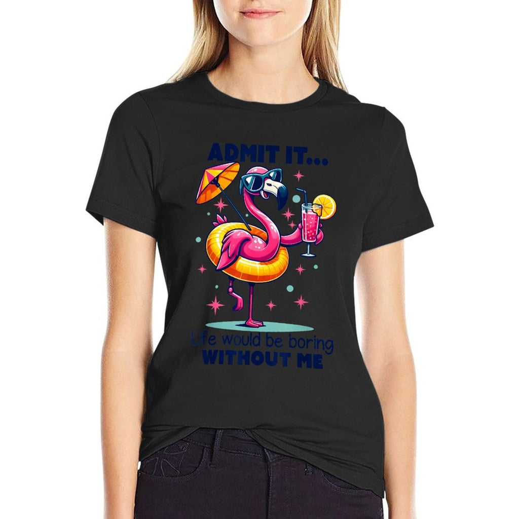 Pink Flamingo Drinking Cocktails Summer Vacation Beach Funny  Relaxed-fit T-Shirt