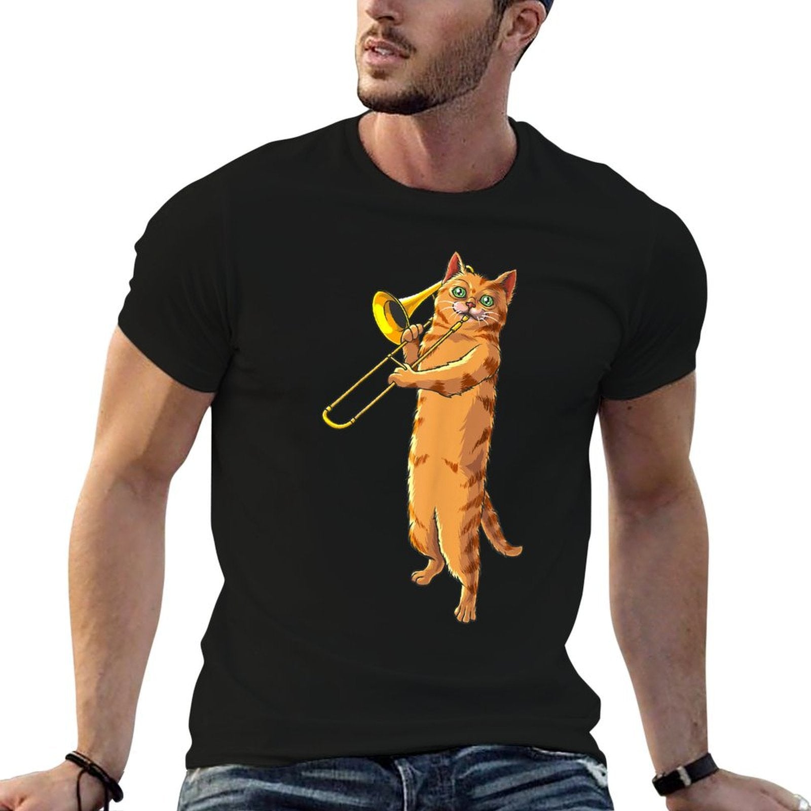 Funny Cat Playing Trombone Gift  Cool Kitten Musician Fan  Breathable T-Shirt