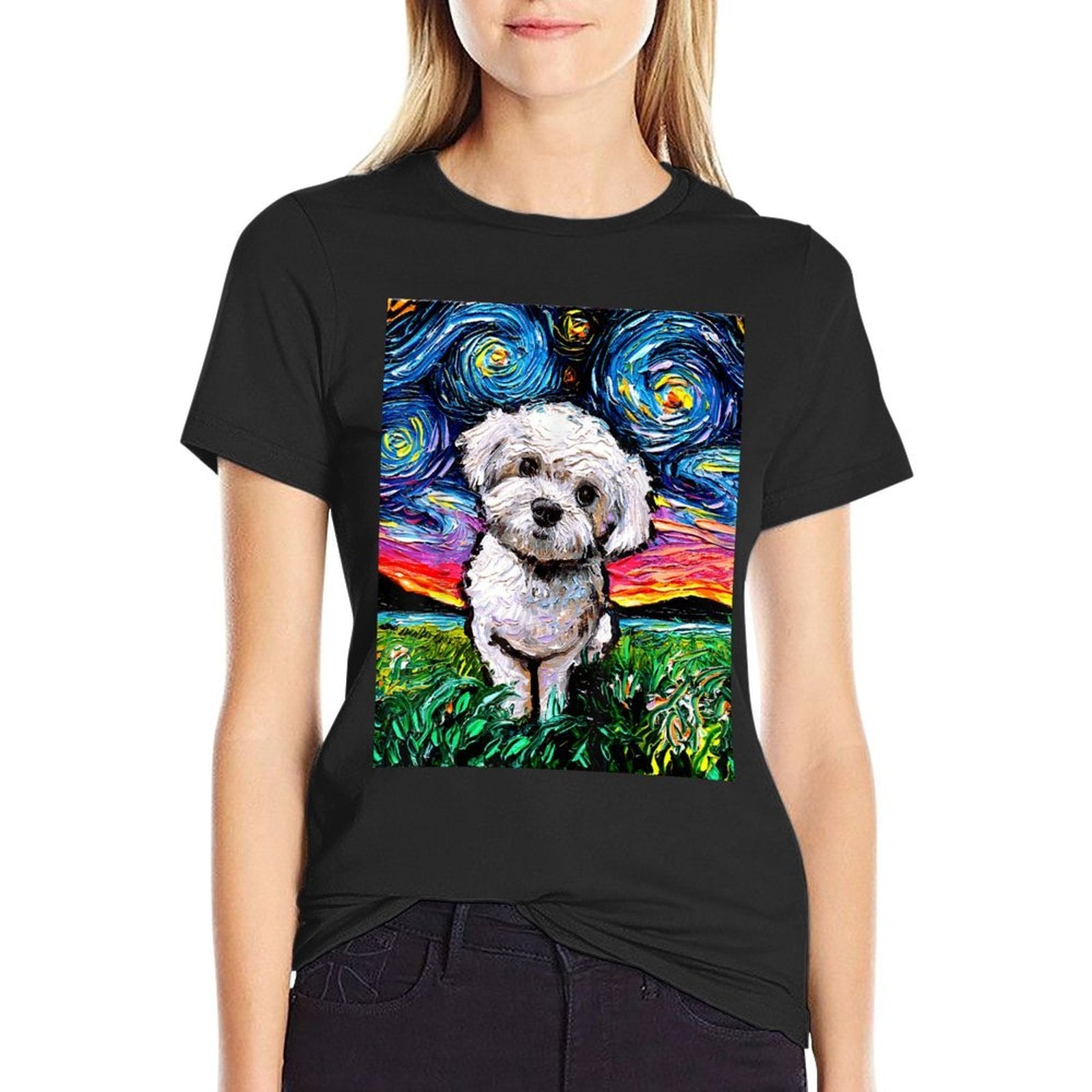 Maltipoo Starry Night White Maltese Poodle Dog Art by Aja for Men Women Girls Kids  Polyester Blend T-Shirt