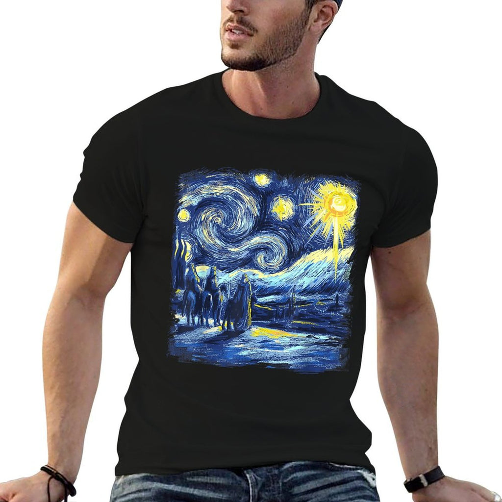 Van Gogh Starry Night Three Wise Men Funny Christian  Rolled Sleeves T-Shirt