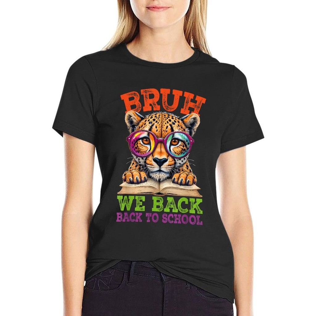 Bruh We Back Cheetah Back To School Teacher Boys Girls Kids  Ribbed Collar T-Shirt