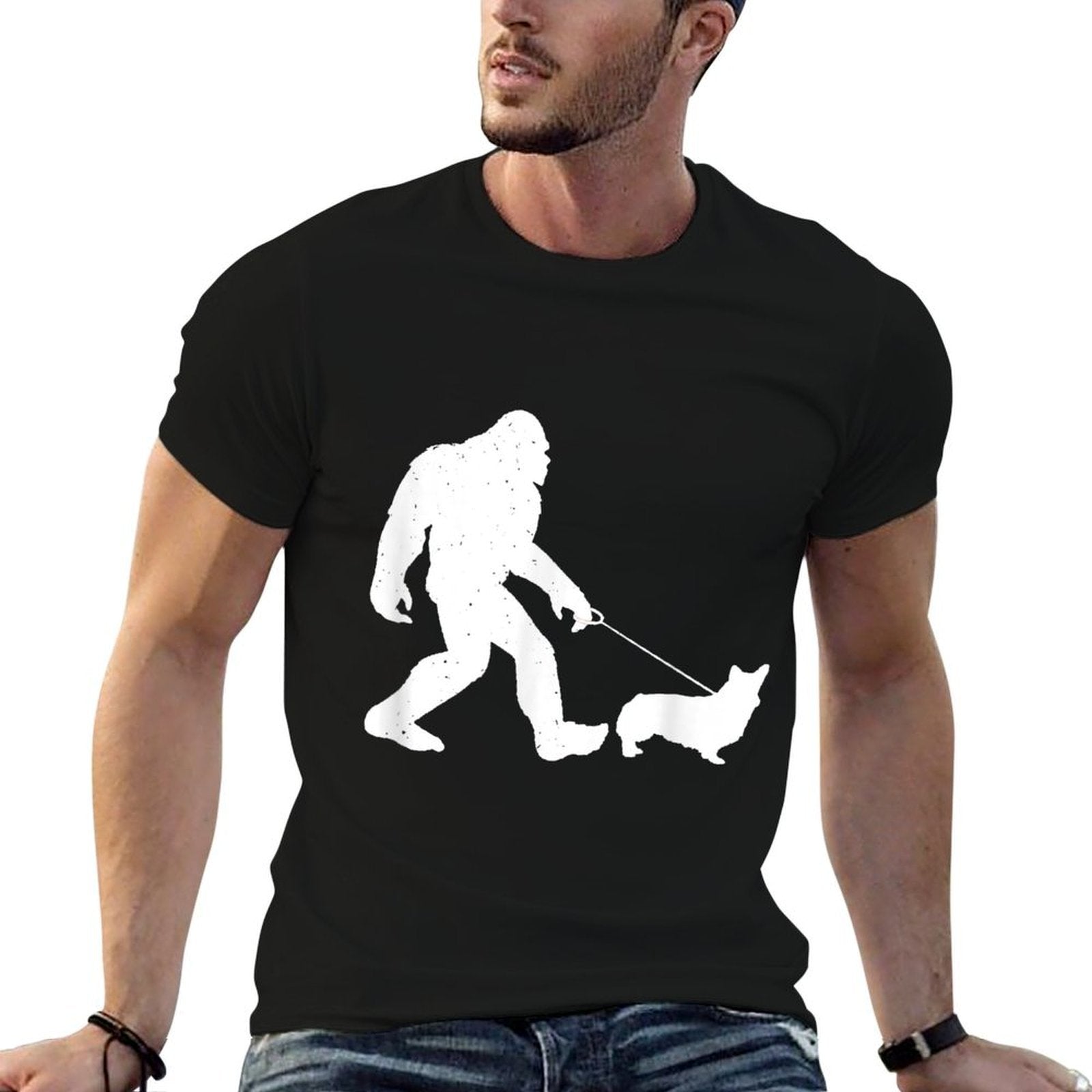 Bigfoot Walking Corgi Dog Funny Gift  Polyester Blend T-Shirt