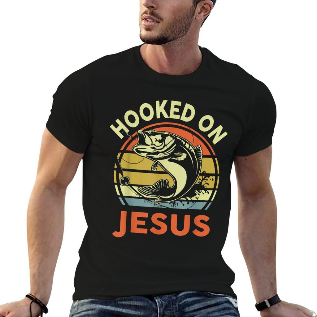 Mens Hooked on Jesus Christian Funny I You Love Bass Fishing  Breathable T-Shirt