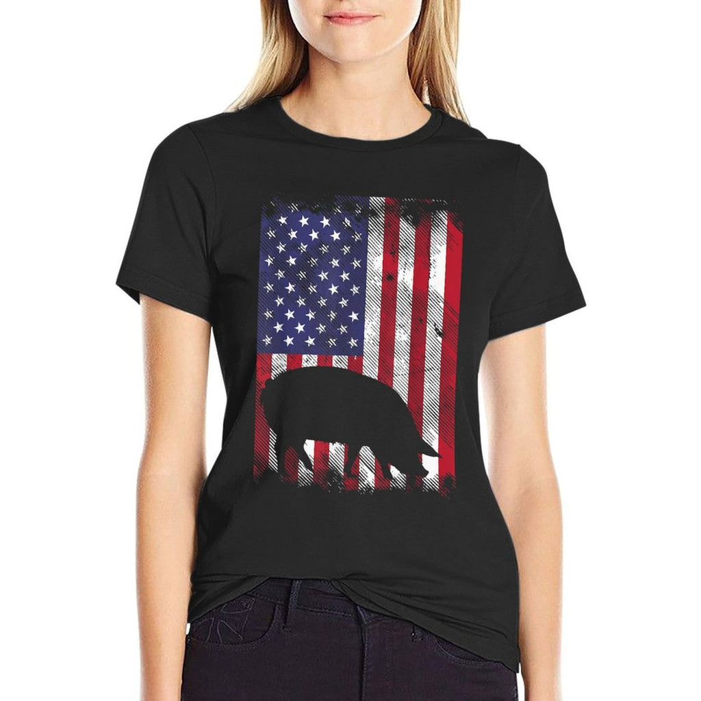 American Pig Vintage Farm Animal Patriotic Farmer Gift  Rolled Sleeves T-Shirt