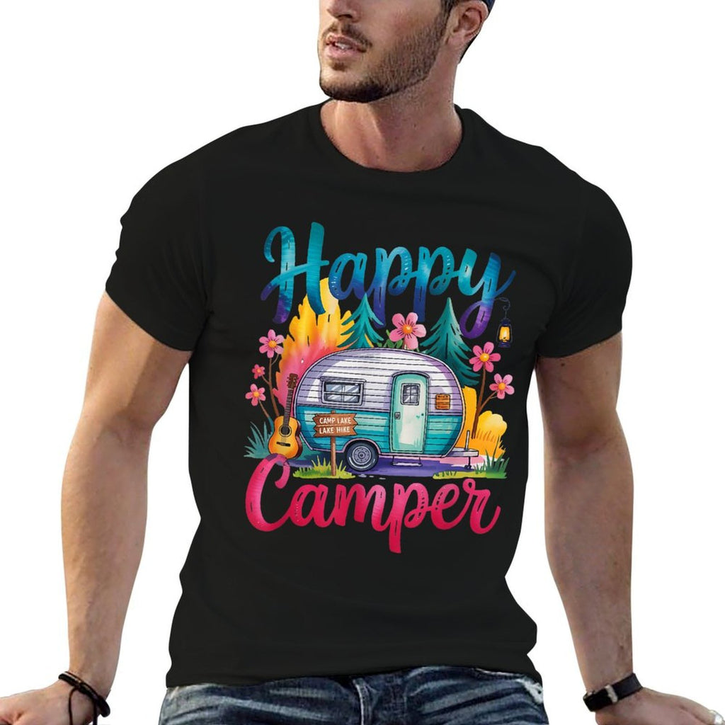 Funny Happy Camper Camping Apparel Trailer RV Kids Women  Summer-ready Fabric T-Shirt