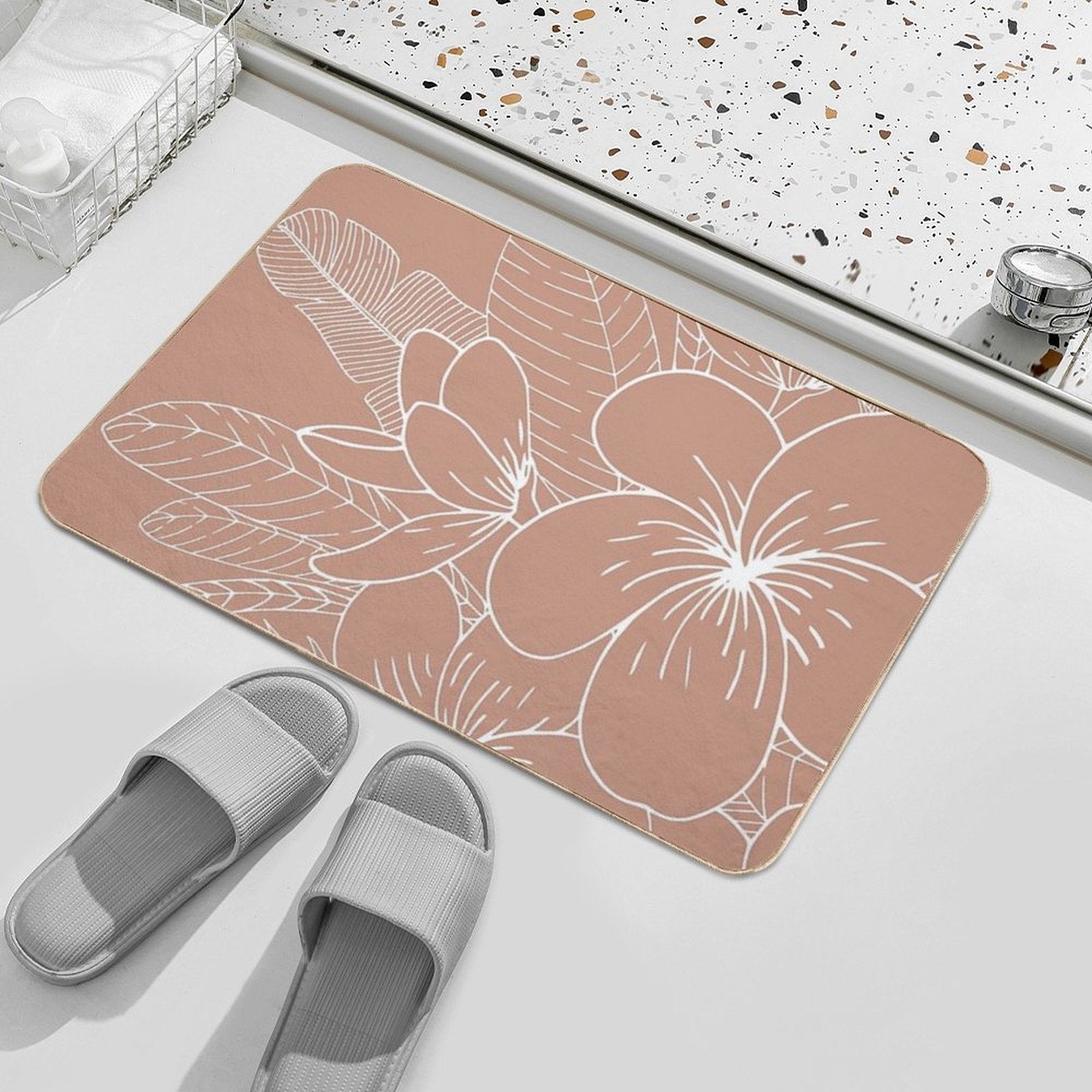 Hawaii Prints, Pink, Floral, Line Drawing,  Fade-Resistant Bath Mat