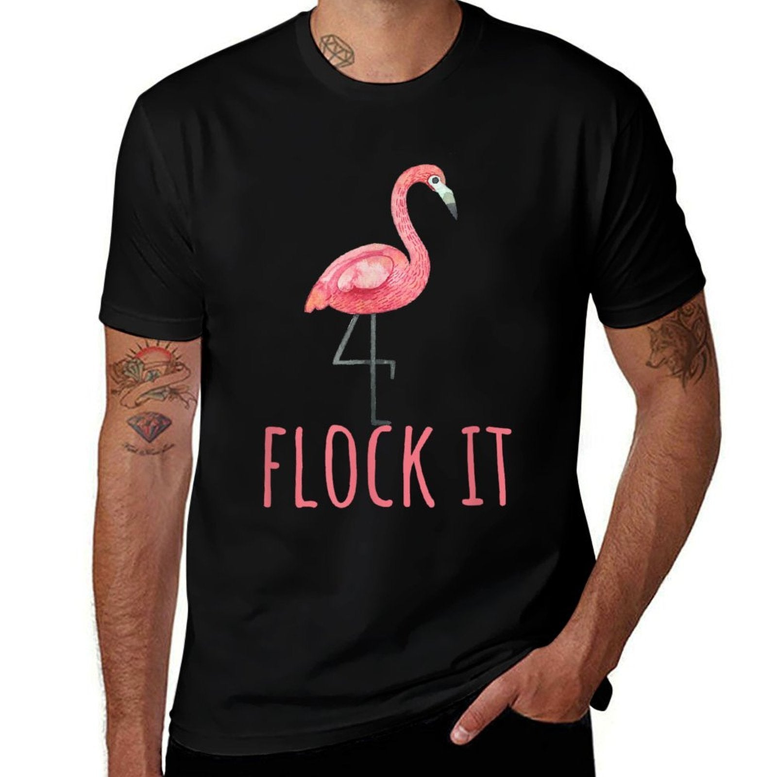 Flamingo Gifts Funny Pun Flock It  Ribbed Collar T-Shirt