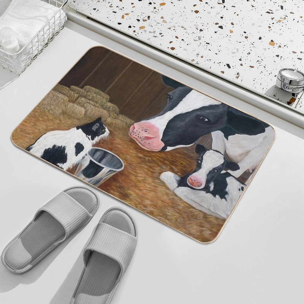 Cat, Cow And Calf. Barn Scene Encounter. Durable Bath Mat