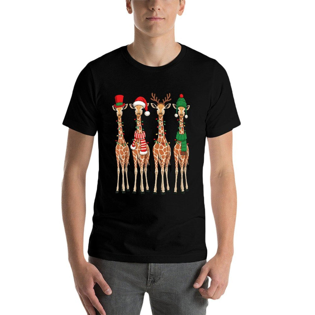 Cute Christmas Giraffes Reindeer Santa Hat Lights Holiday  Heathered Texture T-Shirt