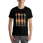 Cute Christmas Giraffes Reindeer Santa Hat Lights Holiday  Heathered Texture T-Shirt