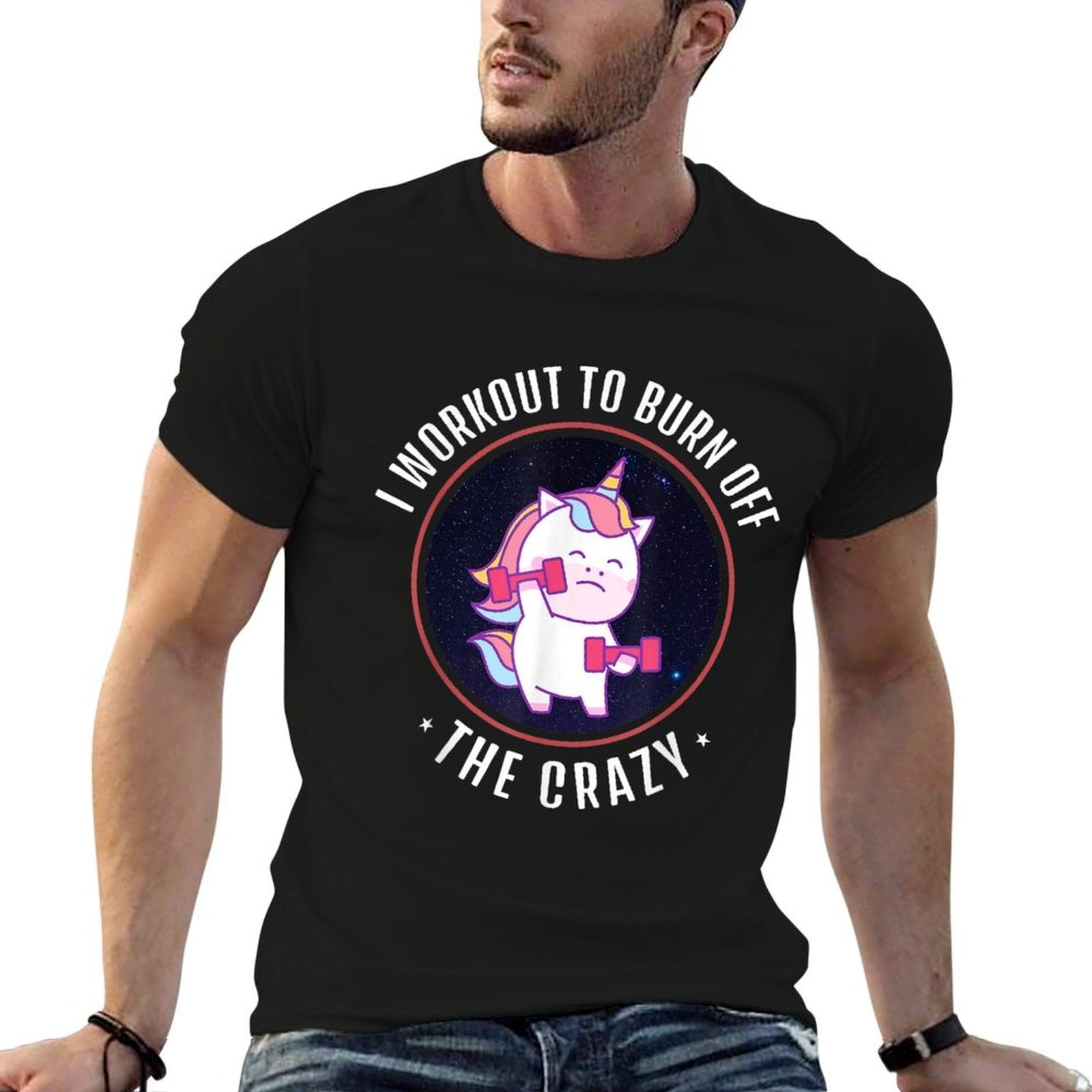 I Workout To Burn Off The Crazy - Funny Unicorn Workout  Oversized Silhouette T-Shirt