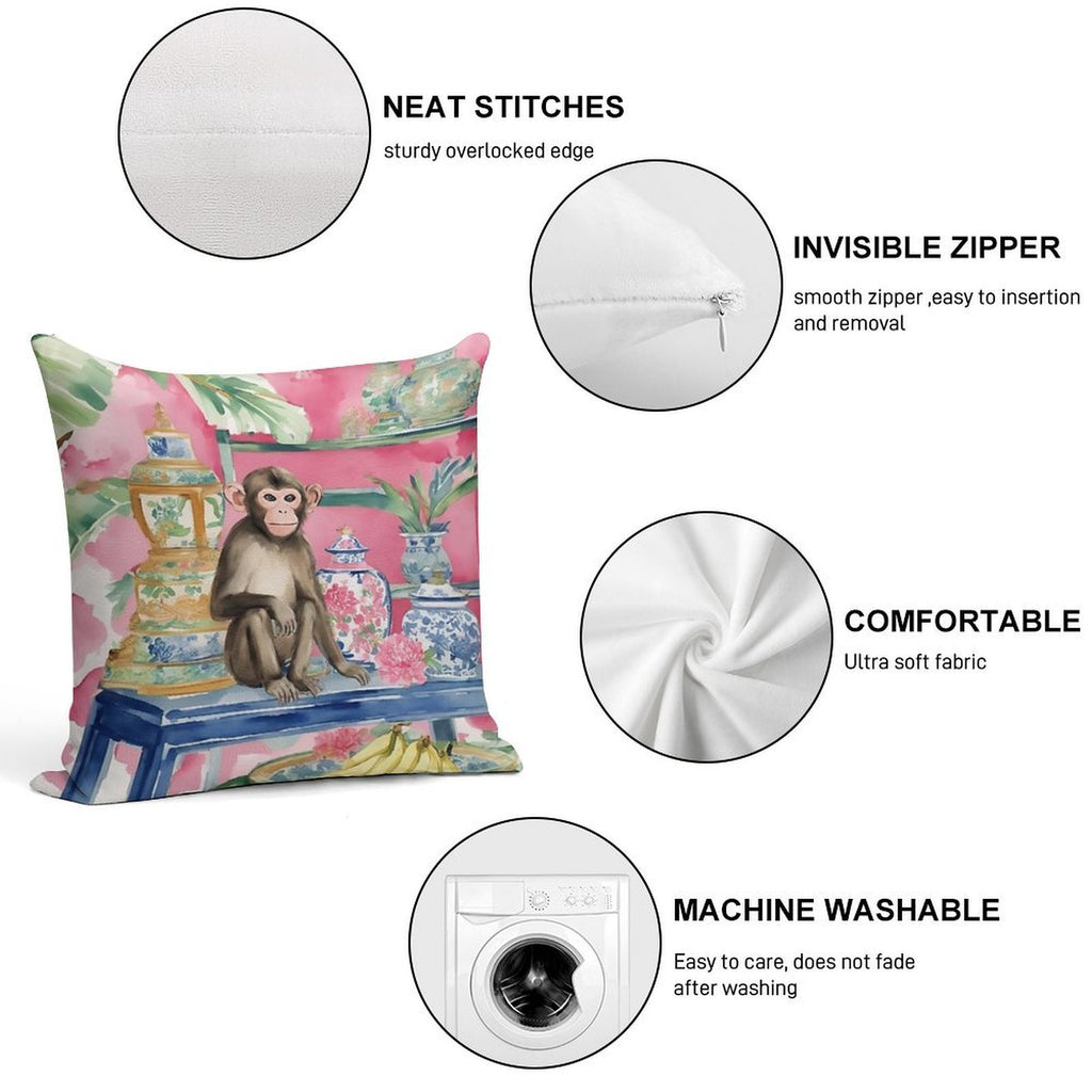 Monkey in Chinoiserie Interior with Bananas Soft Bedroom Essential Throw Pillow