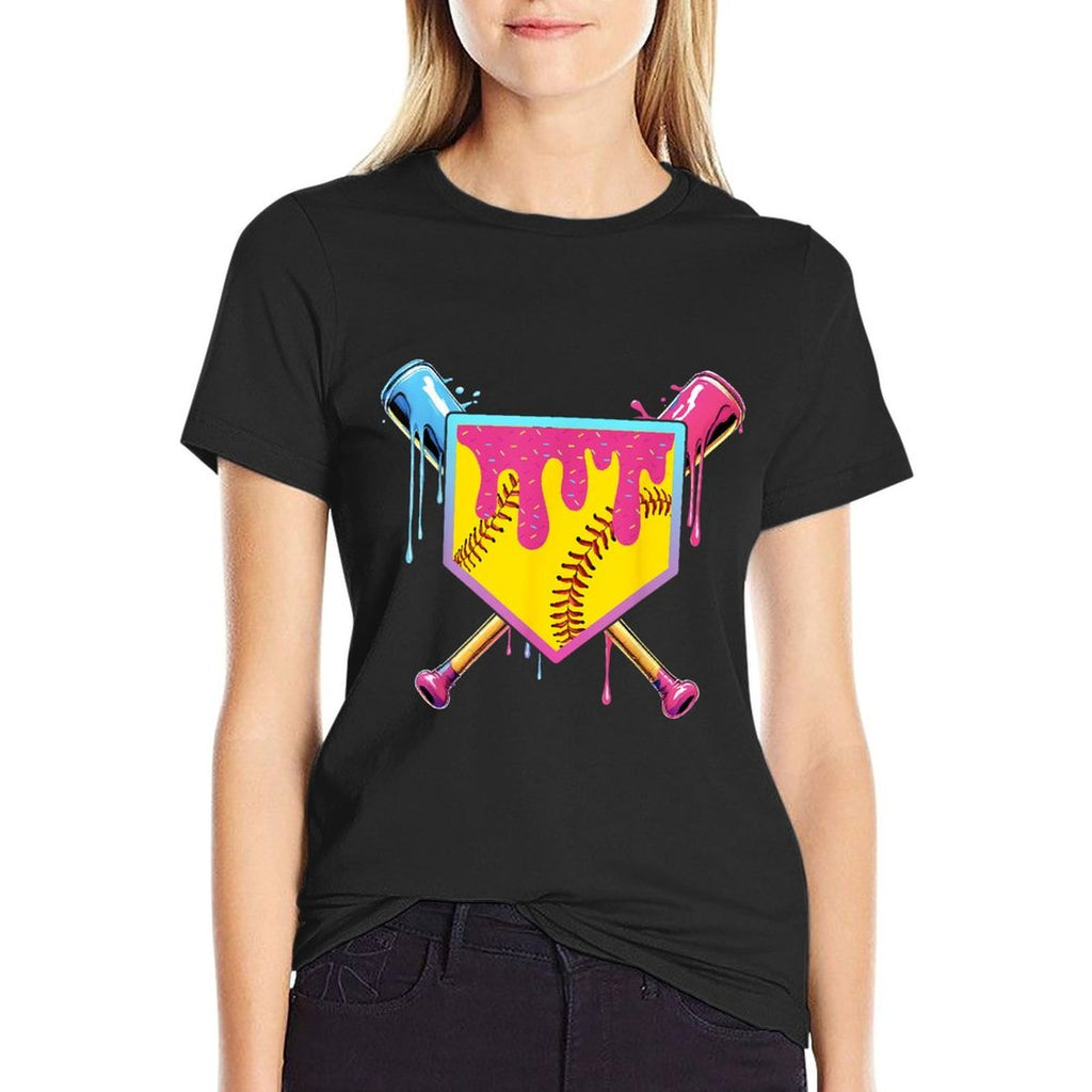 Softball Drip Girls Ice Cream Drip Home Plat Youth Game Day  Ribbed Collar T-Shirt