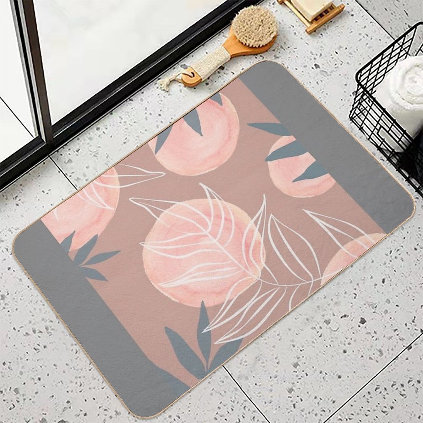 Botanical Leaf Pattern in The Colours Peach, Mauve, White And Blue  Stain-Proof Bath Mat