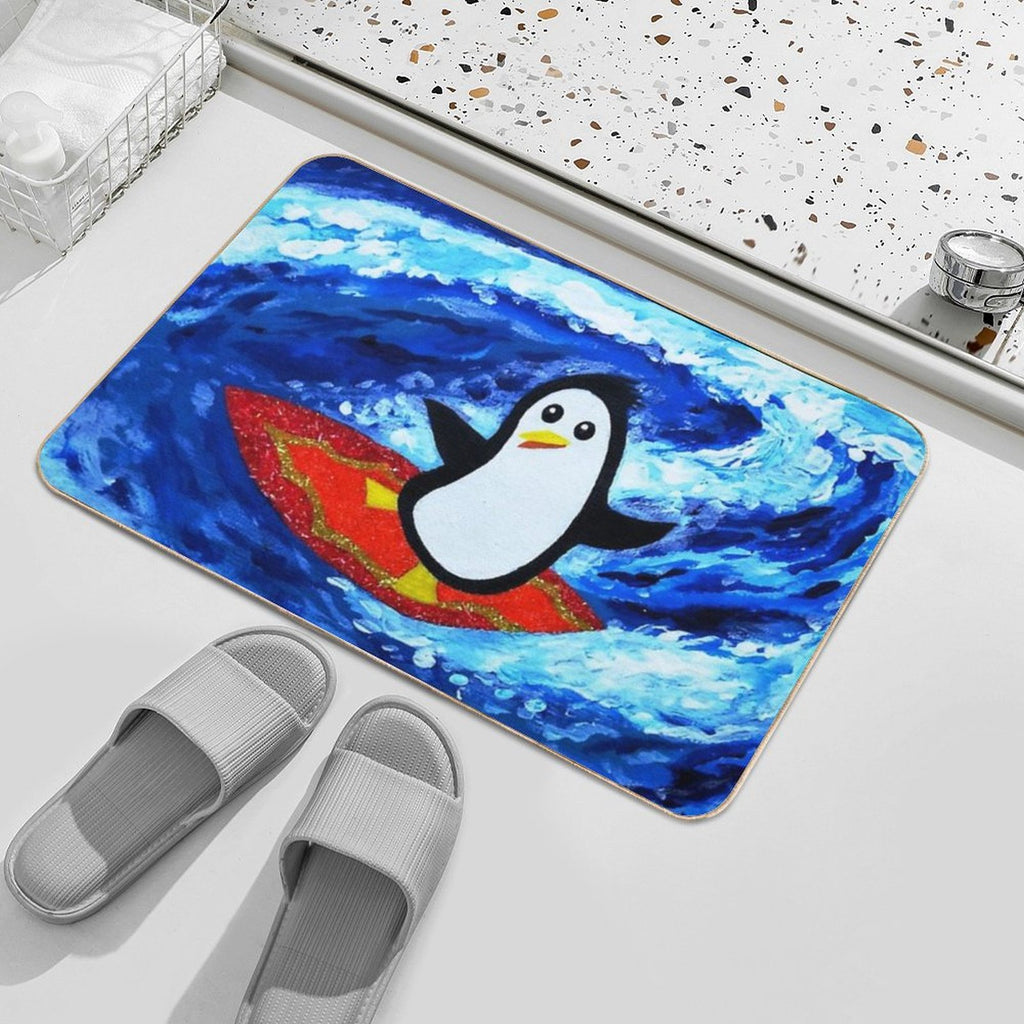Surfing Penguin on A Summer Day  Easy To Clean Bath Mat