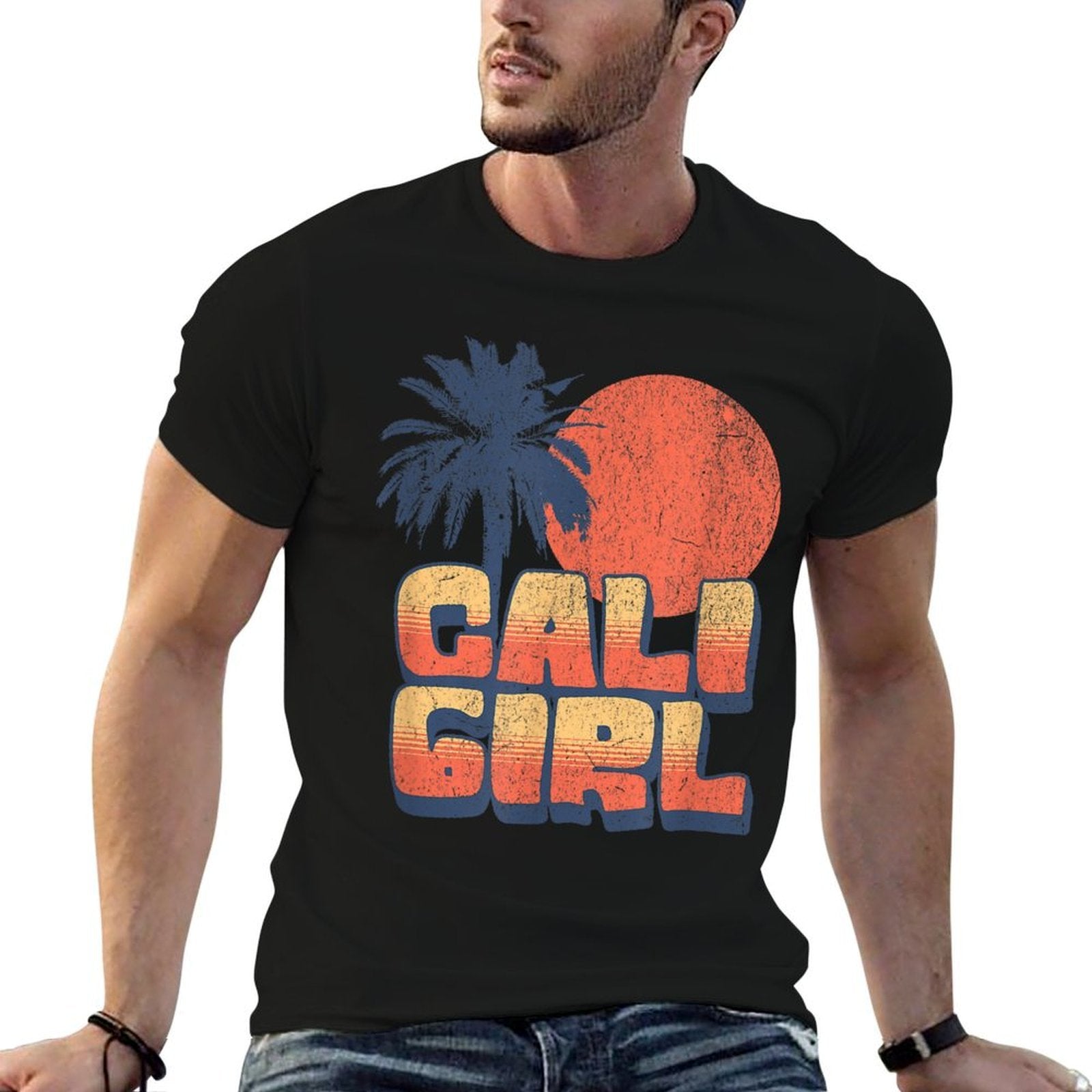Cali Girl Retro Sunset Palm Tree California Beach Vacation  Slim-fit Cut T-Shirt
