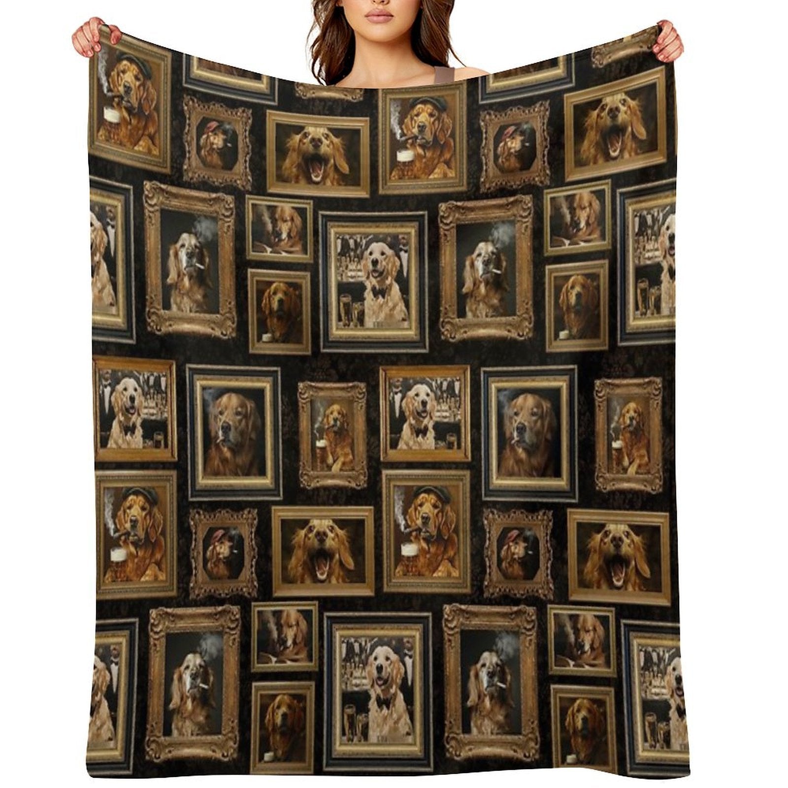 Vintage Museum Wall - Whimsical Smoking Drinking Beer Golden Retriever Famous Dog Portraits by Great Masters Black Damask Nightg Compact Throw Blanket