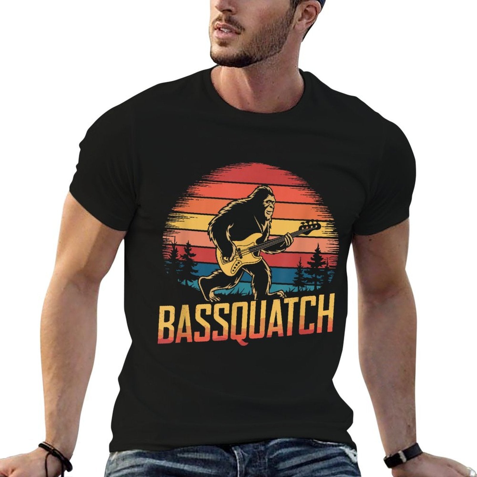 Bassquatch, Retro Bigfoot Bass Guitar Sasquatch  Fade-proof Color T-Shirt