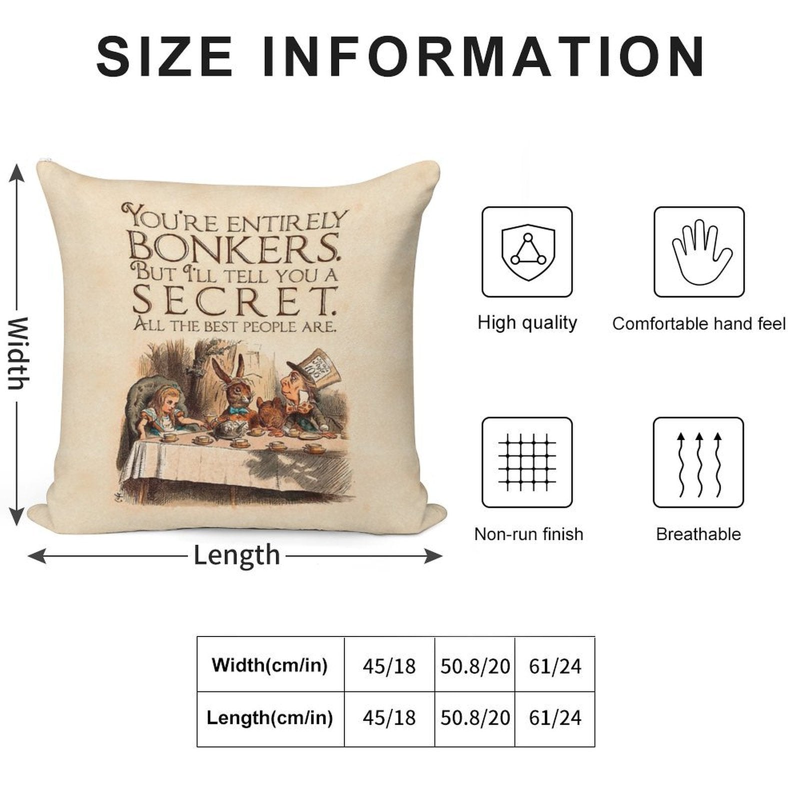 Alice in Wonderland Quote - You're Entirely Bonkers - Mad Hatter Quote - 0241 Soft Shrink-Resistant Throw Pillow
