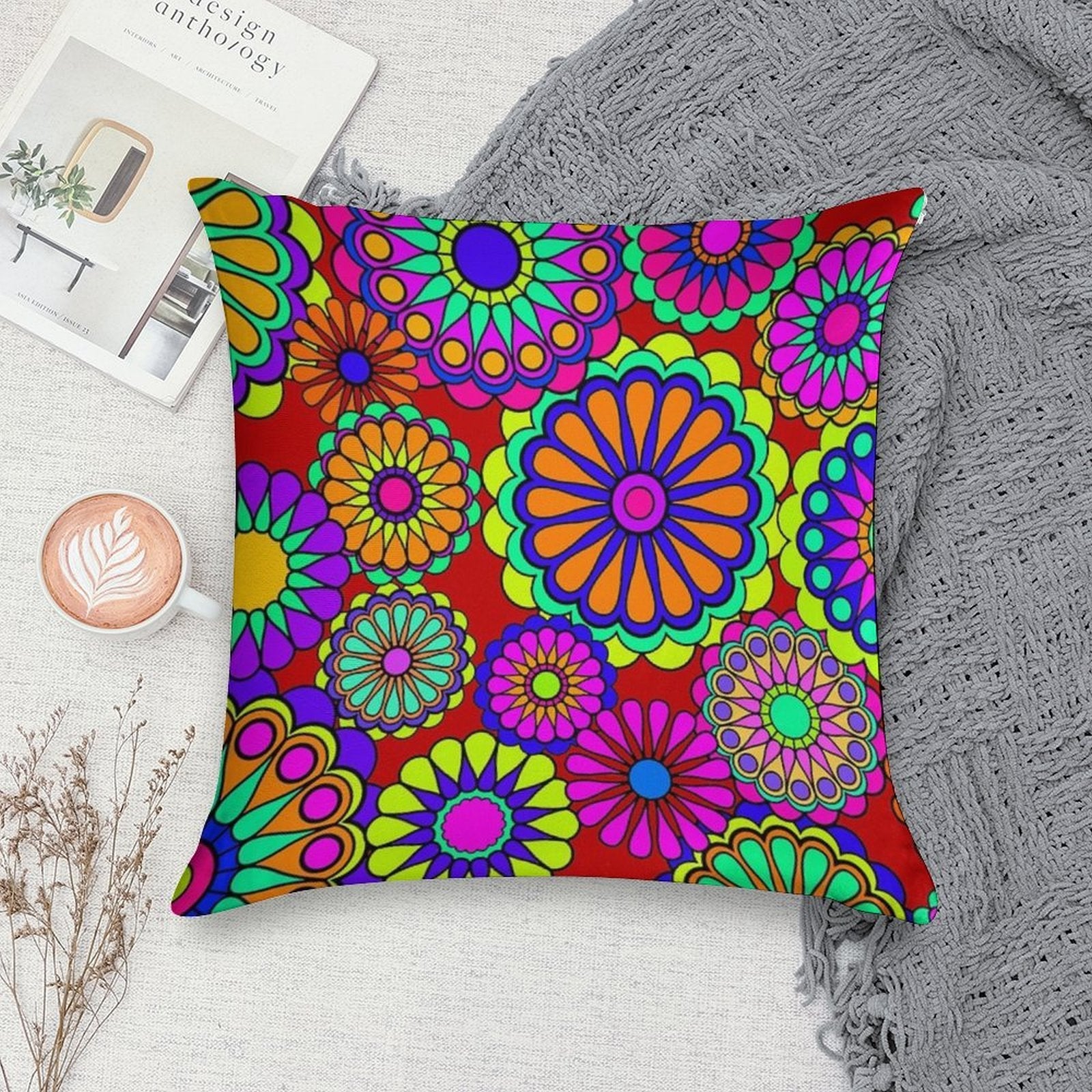 Flower Power Retro Style Hippy Flowers Soft Luxury Feel Throw Pillow