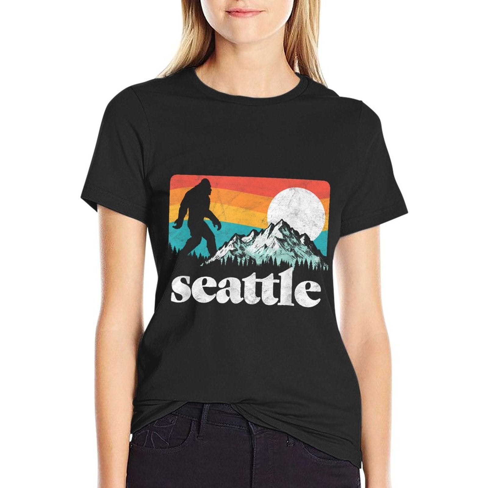 Seattle Washington Bigfoot Mountains Retro Distressed 80s  Versatile T-Shirt