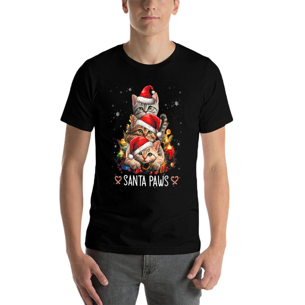 Santa Paw And Claw Santa Cat Christmas Tree Lights Cat Lover Men Women Kids  Heathered Texture T-Shirt