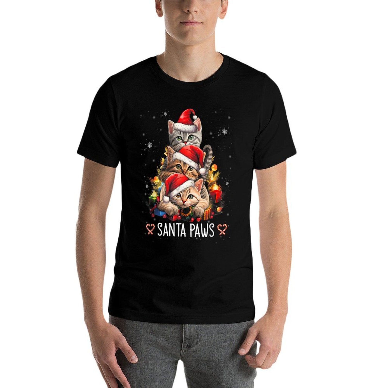 Santa Paw And Claw Santa Cat Christmas Tree Lights Cat Lover Men Women Kids  Heathered Texture T-Shirt